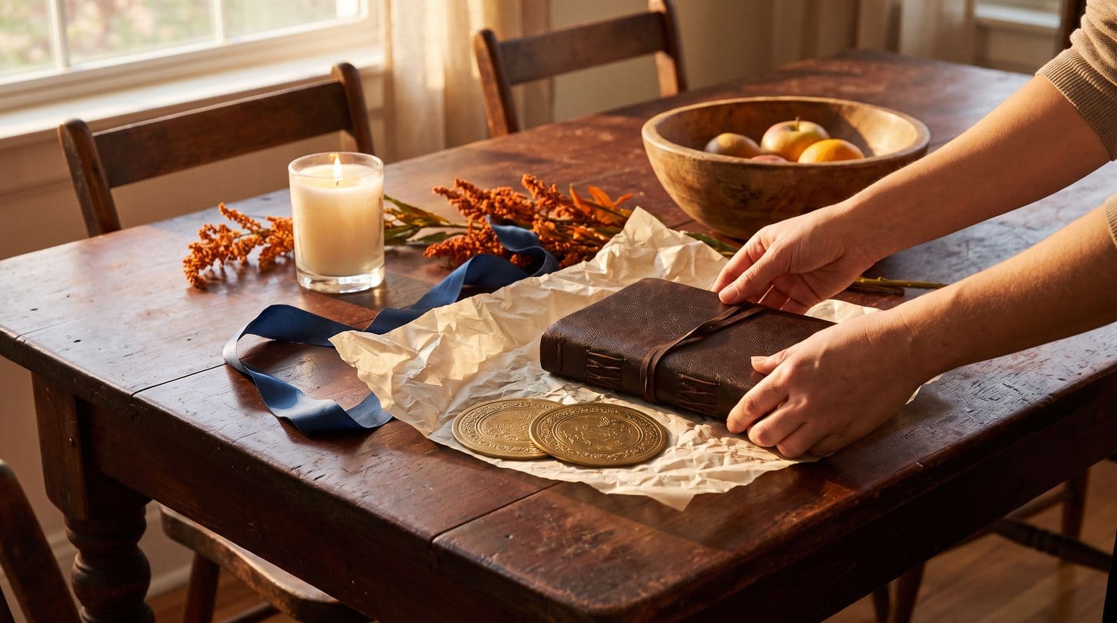 A personalized leather journal and artisan coasters rest on a wooden dining table surrounded by gift-wrapping materials and a warm, glowing candle.