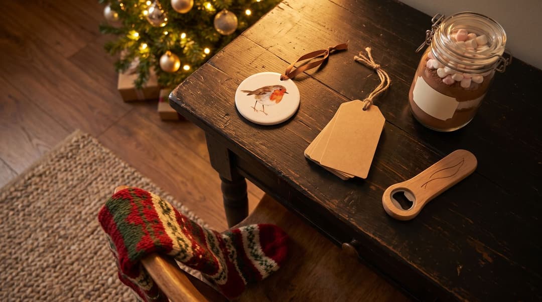 On a dark wooden side table beside a lit tree: a round ceramic ornament painted with a robin on a ribbon, a bundle of kraft gift tags tied with twine, a glass jar of cocoa mix topped with marshmallows and a blank label, a wooden bottle opener, and a knitted stocking draped over the chair.