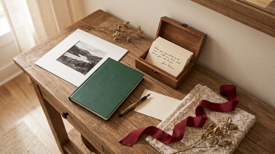 A black-and-white landscape photo in a white card mount, a green hardcover notebook, a small wooden box of recipe cards with one written by hand, a fountain pen, floral tissue paper and a burgundy ribbon on a wooden console table.