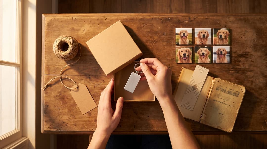 Overhead view of hands placing a slim brushed-metal keychain into a small kraft box on a wooden table, beside a grid of six photo magnets of a golden retriever, a card bookmark tucked into an old paperback, a ball of twine and a blank gift tag.