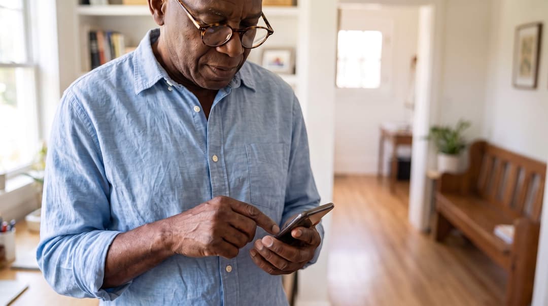 A man checking a list of custom home gift orders on his phone while sitting in a sunlit, lived-in room.