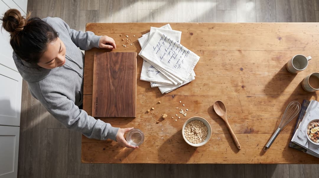 A wide, overhead view of a woman in an oversized hoodie standing at a kitchen island scattered with an engraved wooden cutting board and personalized flour sack towels.