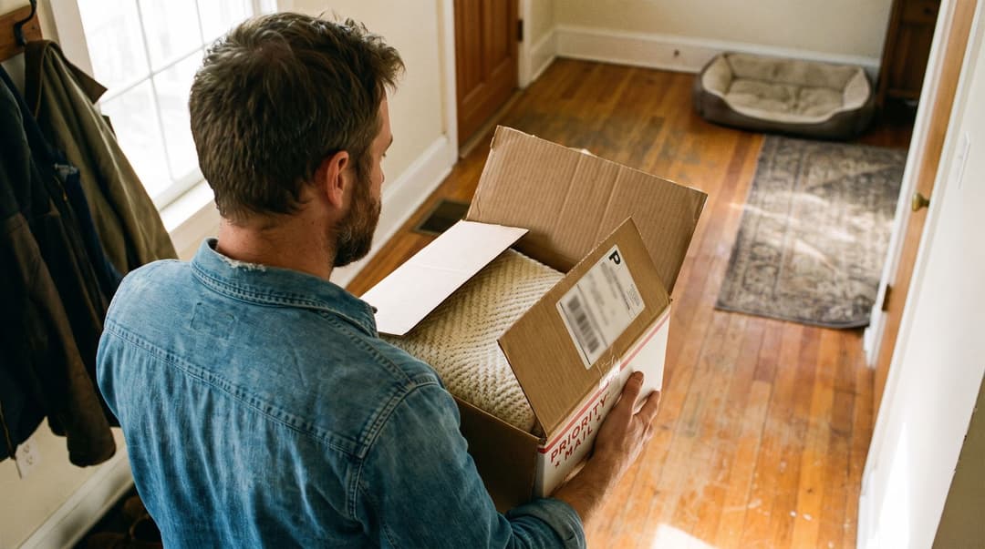 A man in a denim shirt holds a package containing a new throw blanket while standing in the doorway of his home.