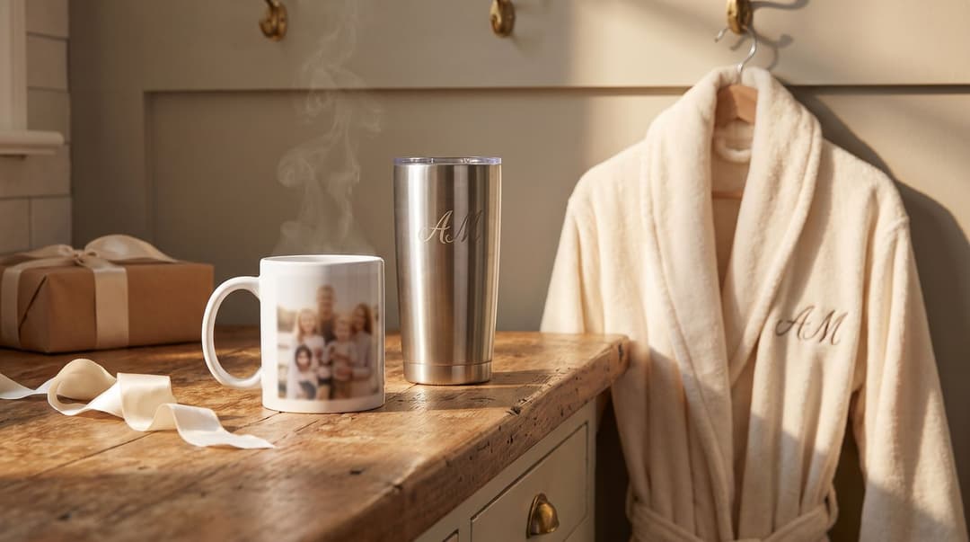 A photo-printed mug steaming on a kitchen counter next to a tumbler engraved with initials, with a cream robe embroidered with the same initials hanging behind.