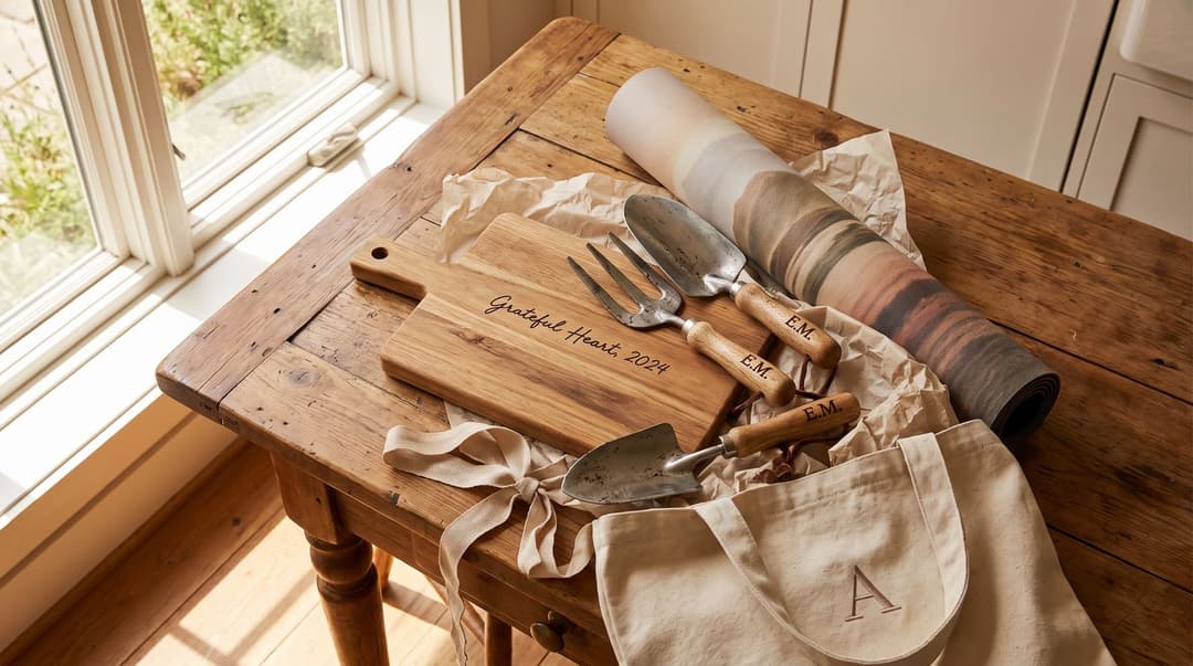 An engraved wooden cutting board, garden tools with initials on the handles, a rolled printed yoga mat and a monogrammed tote laid out on a kitchen table.
