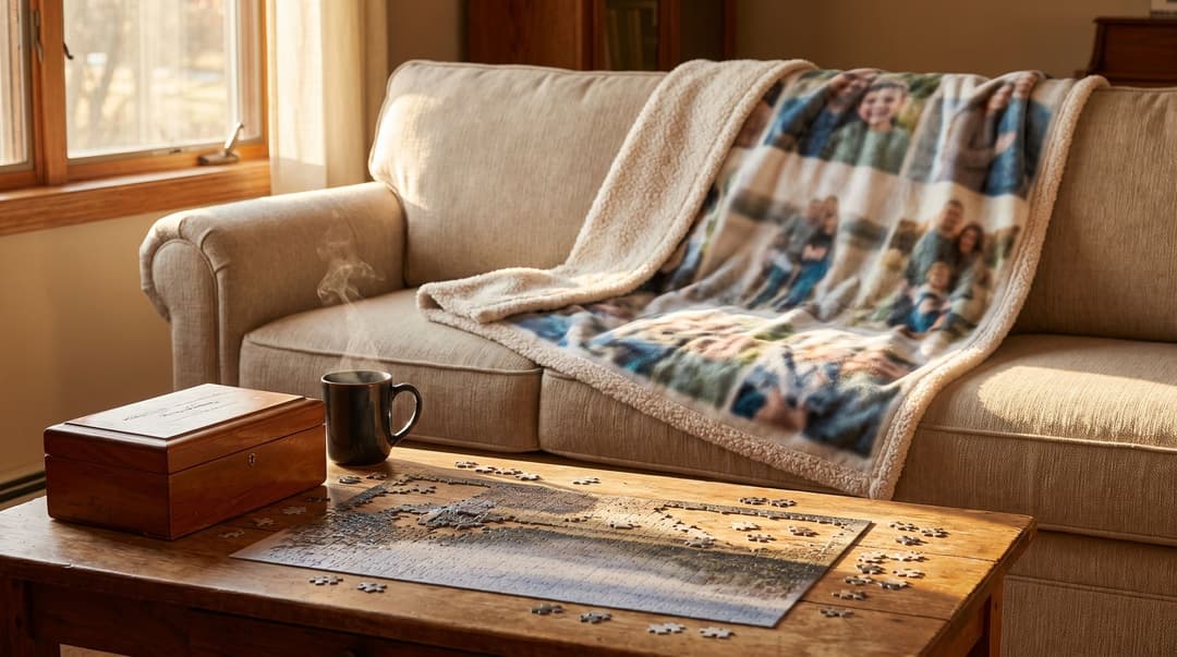 A photo-collage fleece blanket draped over a sofa, a half-finished photo jigsaw on the coffee table and an engraved wooden jewelry box beside a cup of tea.