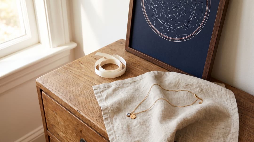 A gold necklace with a birthstone and an initial charm on a linen cloth, with a framed navy star-map print propped on the dresser behind it.