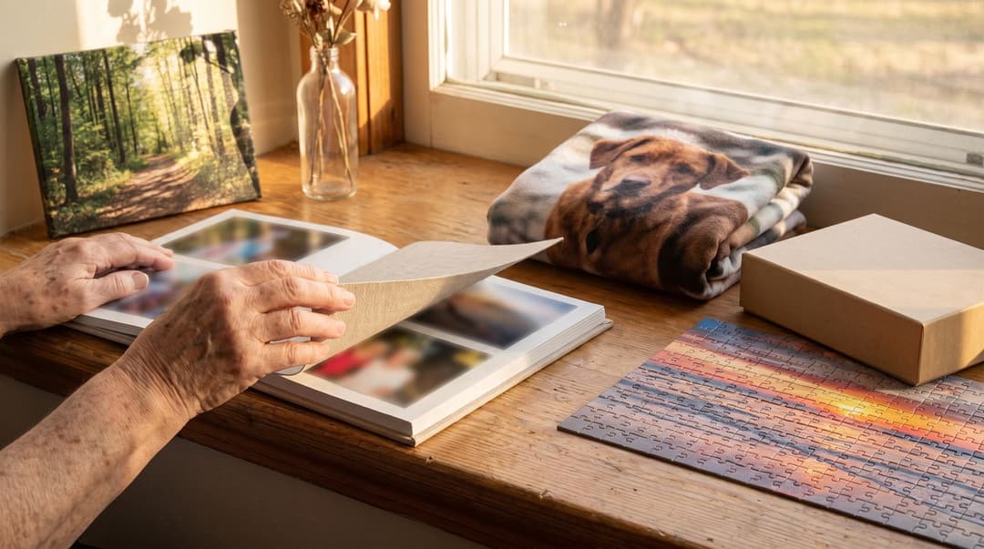 An older person's hands turning the linen cover of a lay-flat photo book on a sunny table, beside a folded fleece blanket printed with a brown dog, a half-finished jigsaw of a sunset over water with its box, and a canvas print of a forest path propped against a vase.