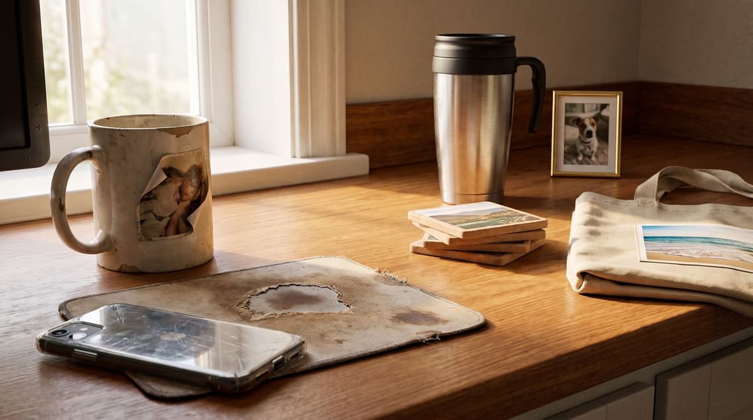 On a desk by a window, a ceramic photo mug with its print peeling, a worn fabric mousepad and a scratched phone case on one side, and a steel travel mug, a stack of stone photo coasters, a small framed dog photo and a canvas tote with a beach print on the other.