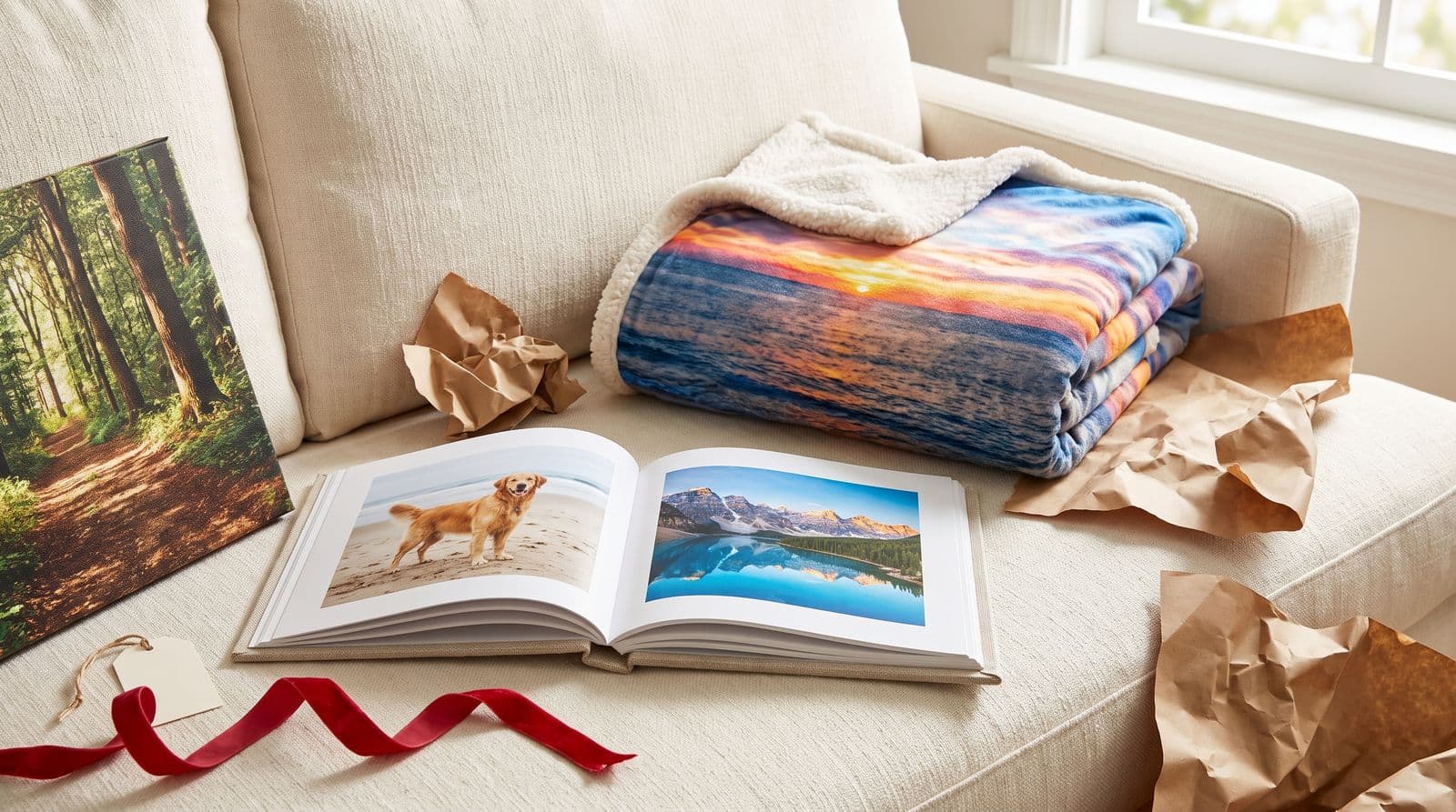 A sofa in daylight with a just-unwrapped set of photo gifts: a linen photo book open to a golden retriever on a beach and a mountain lake, a folded sherpa blanket printed with a sunset over the sea, a canvas print of a forest path, torn kraft wrapping and a red ribbon.
