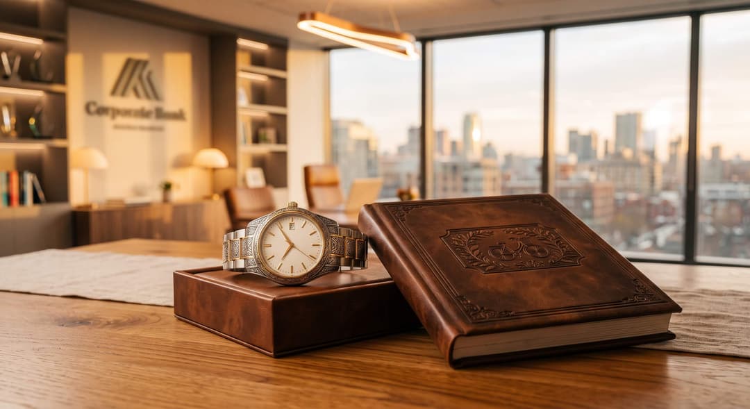 Gold and steel wristwatch in an open leather presentation box beside an embossed leather memory book on a boardroom table