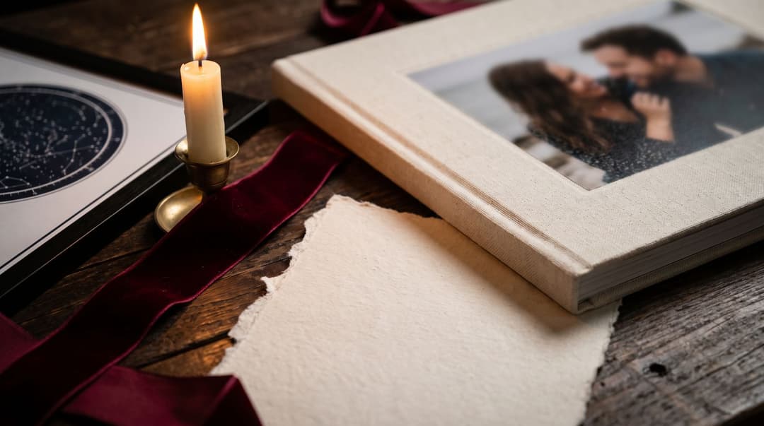 A close-up view of a custom photo book and a framed star map print resting on a warm, candlelit wooden table, surrounded by elegant ribbons and tactile paper.
