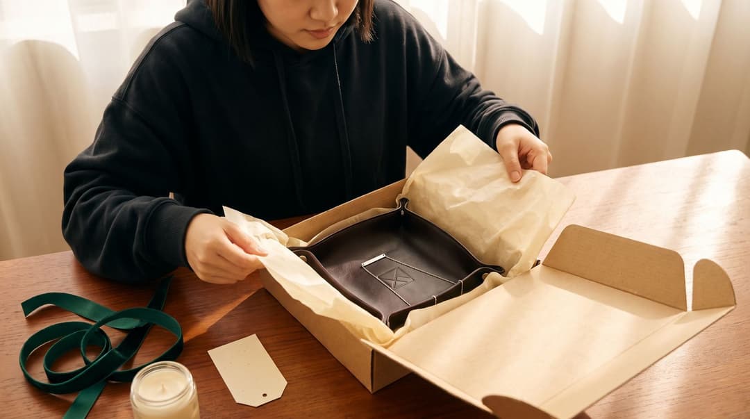 A woman in an oversized hoodie unwraps a personalized leather valet tray and a delicate engraved bar necklace from a gift box on a wooden table.