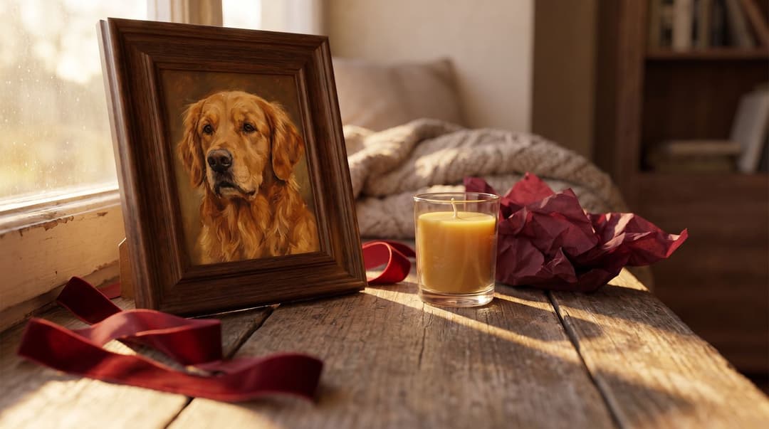 A custom oil portrait of a pet dog sits on a warm wooden windowsill, accented by a velvet ribbon and soft candle light.