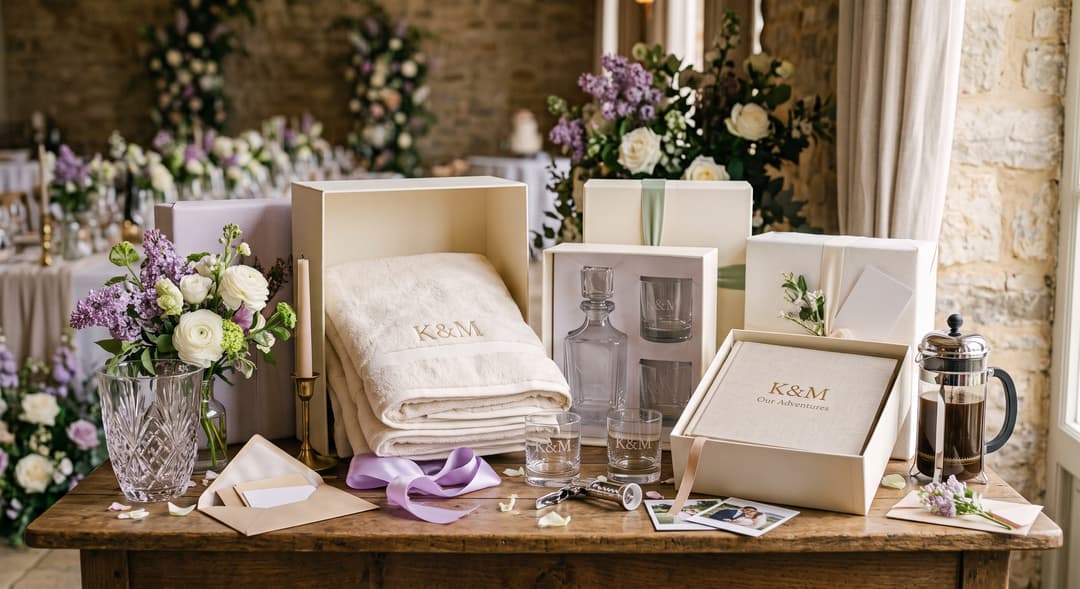 Monogrammed wedding gifts including embroidered bath towels, an engraved decanter and tumbler set, a linen photo album and a crystal vase