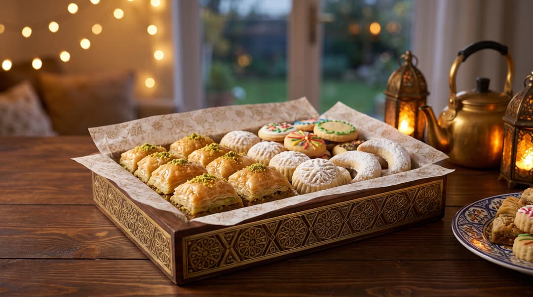 Assorted baklava and powdered sugar cookies in a decorative gift tray