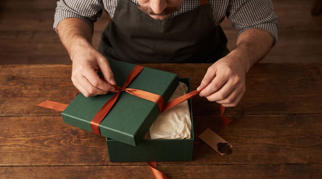 The hands of a restaurant owner carefully opening a beautifully wrapped gift box tied with a silk ribbon on a wooden surface.