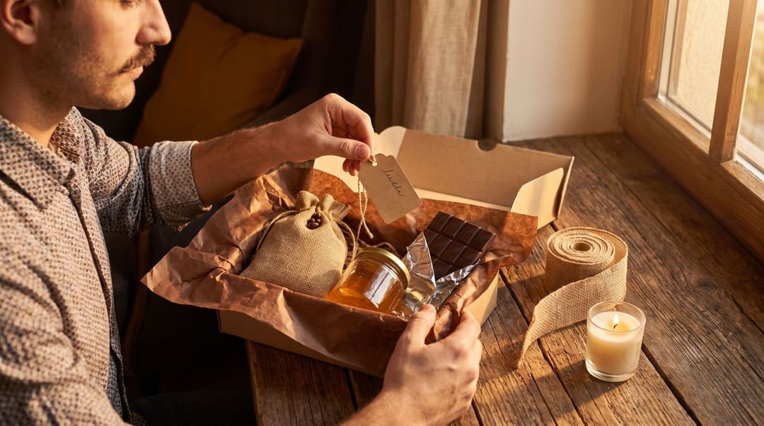 A restaurant owner carefully arranges a curated gift box filled with local treats like coffee and honey on a warm, sunlit windowsill.