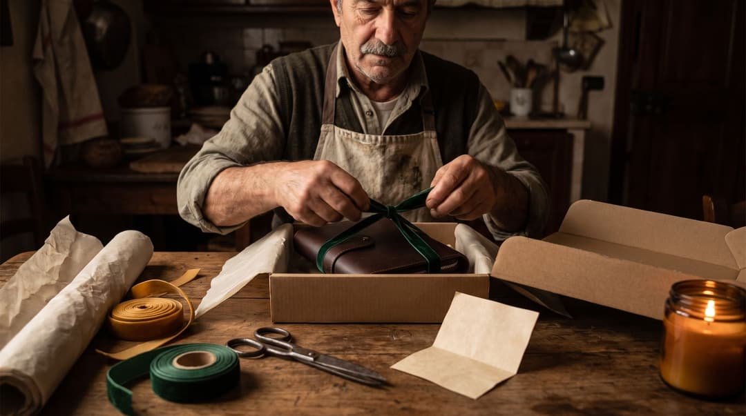 An Italian restaurant owner with a moustache is carefully wrapping a premium leather tech organizer with a velvet ribbon at a rustic kitchen table.
