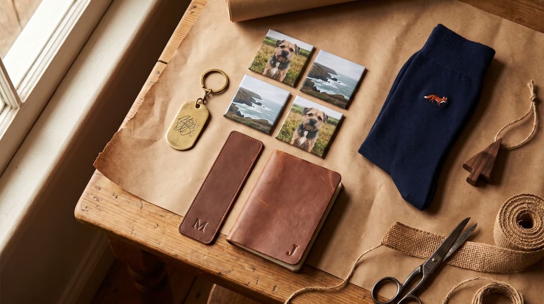 Small personalized gifts laid on kraft paper by a window: a brass keychain with an engraved scribble, four photo magnets of a terrier and a coastline, a leather bookmark and pocket notebook each embossed with an initial, navy socks with a tiny fox, a wooden tree ornament, twine and scissors.