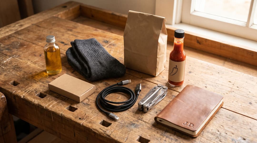 A workbench by a window with a small bottle of beard oil, charcoal wool socks, a plain box of razor blades, a kraft bag of coffee, a bottle of hot sauce with a hand-drawn chilli label, a coiled charging cable, a steel multitool and a leather notebook embossed with initials.