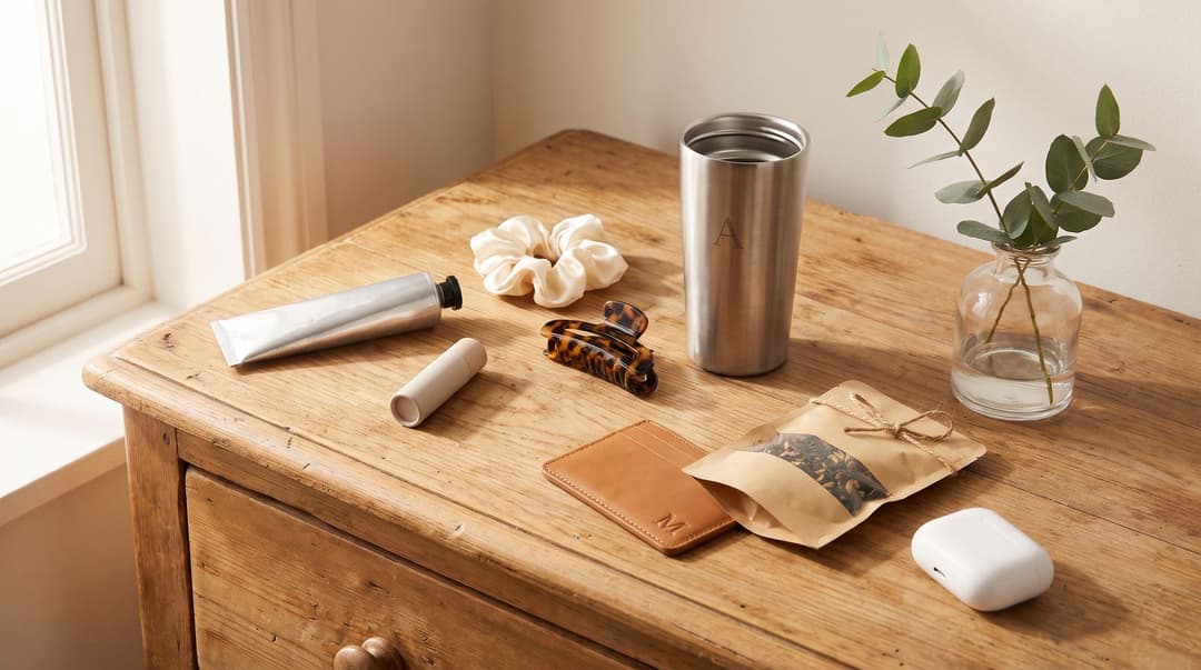 A pine dresser top in daylight with a tube of hand cream, a lip balm, a cream silk scrunchie, a tortoiseshell hair clip, a steel coffee cup engraved with an initial, a tan leather card holder with embossed initials, a paper bag of loose tea, an earbud case and a sprig of eucalyptus in a jar.