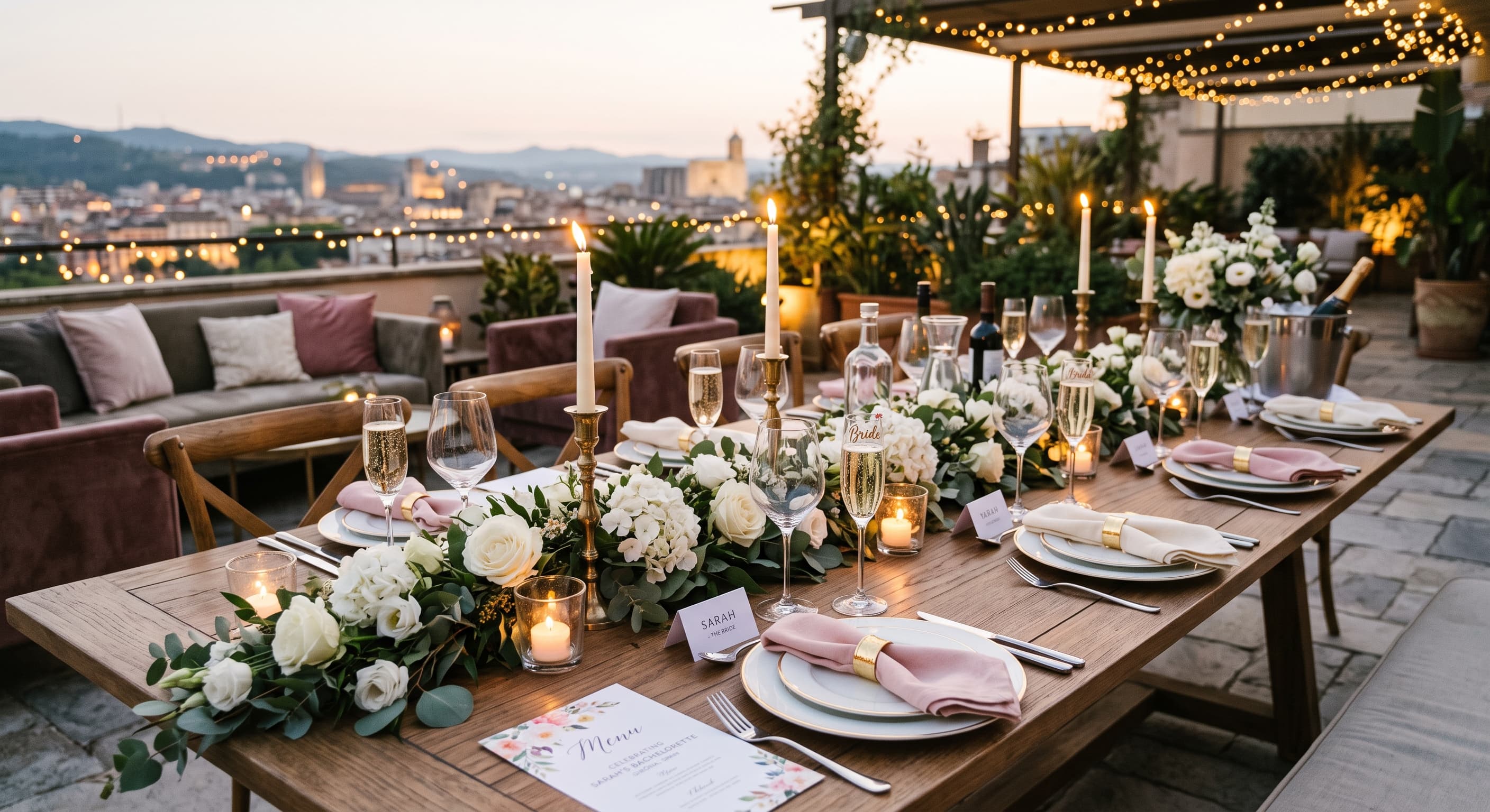 Rooftop bachelorette dinner table at dusk with blush napkins, white floral runner, taper candles, champagne flutes and a city skyline behind