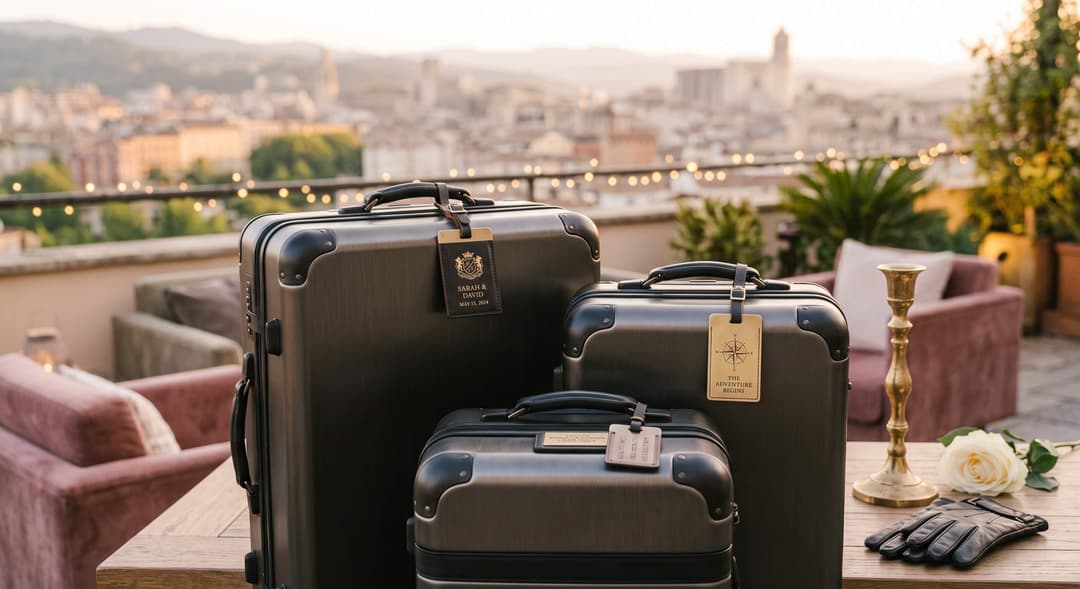 Three-piece hard-shell luggage set with personalized leather tags naming the couple and their wedding date