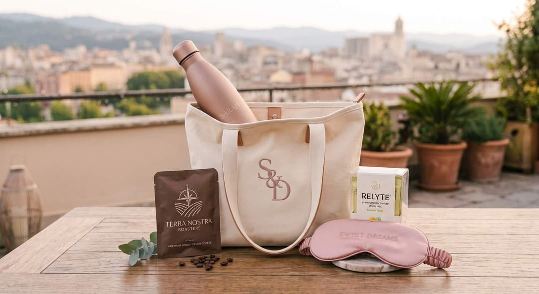 Monogrammed canvas tote with a personalized rose gold water bottle, coffee sachet, electrolyte sticks and a pink satin sleep mask