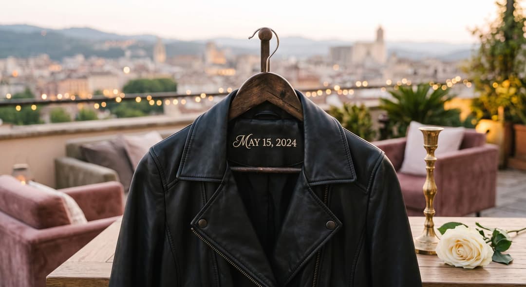 Black leather jacket on a wooden hanger with the wedding date embroidered inside the collar, on a rooftop terrace at dusk