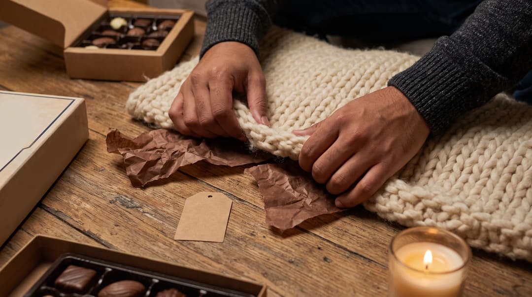 A man in a soft sweater unwraps a thick, chunky-knit blanket next to a board game on a wooden coffee table in a cozy, dimly lit living room.