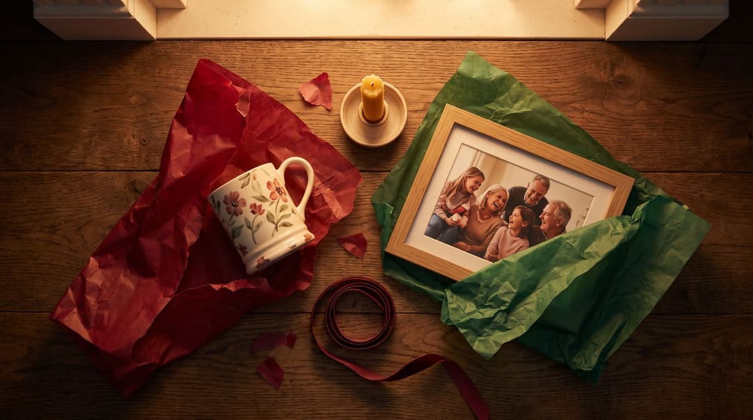 A personalized ceramic mug and a framed family photograph sit amidst torn tissue paper and festive ribbons on a wooden floor, lit by a warm, cozy glow.
