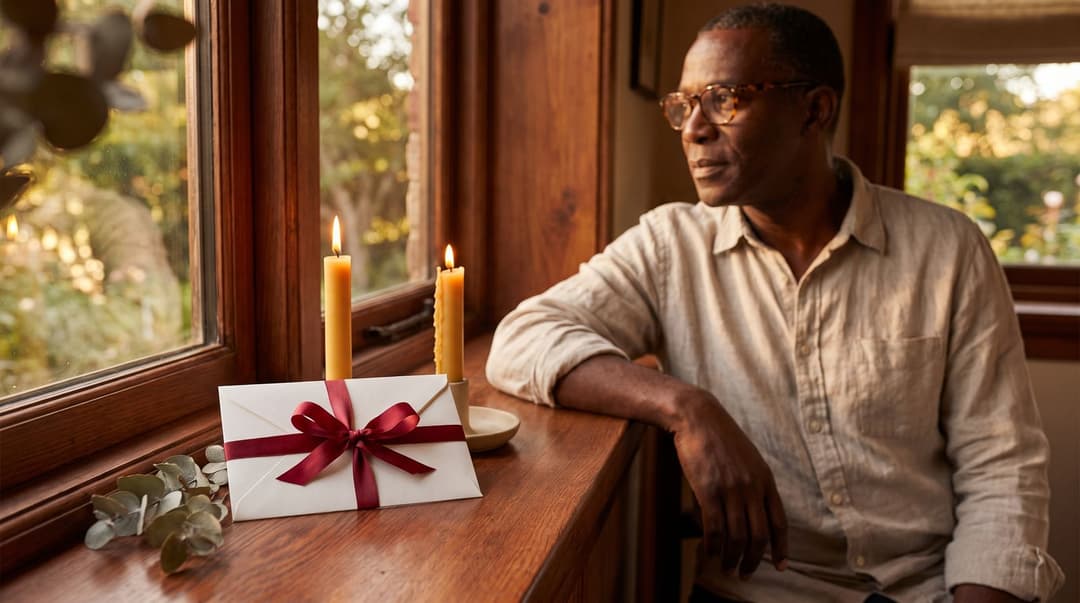 A close-up view of a thoughtful gift envelope tied with a silk ribbon resting on a warm wooden windowsill, with a man blurred in the background.