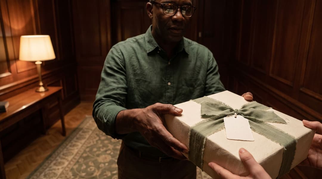 A man in a rumpled button-down shirt hands a wrapped gift to someone in a dimly lit office hallway, symbolizing a thoughtful gesture for night shift staff.