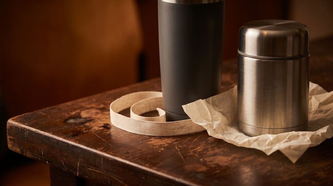 A close-up detail of a matte insulated tumbler and a stainless steel food thermos resting on a dark wooden surface, accented with soft tissue paper and a linen ribbon in warm, dim lighting.
