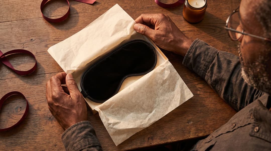 A man in his 50s unboxes a high-quality contoured sleep mask on a wooden surface, surrounded by gift ribbons and tissue paper.
