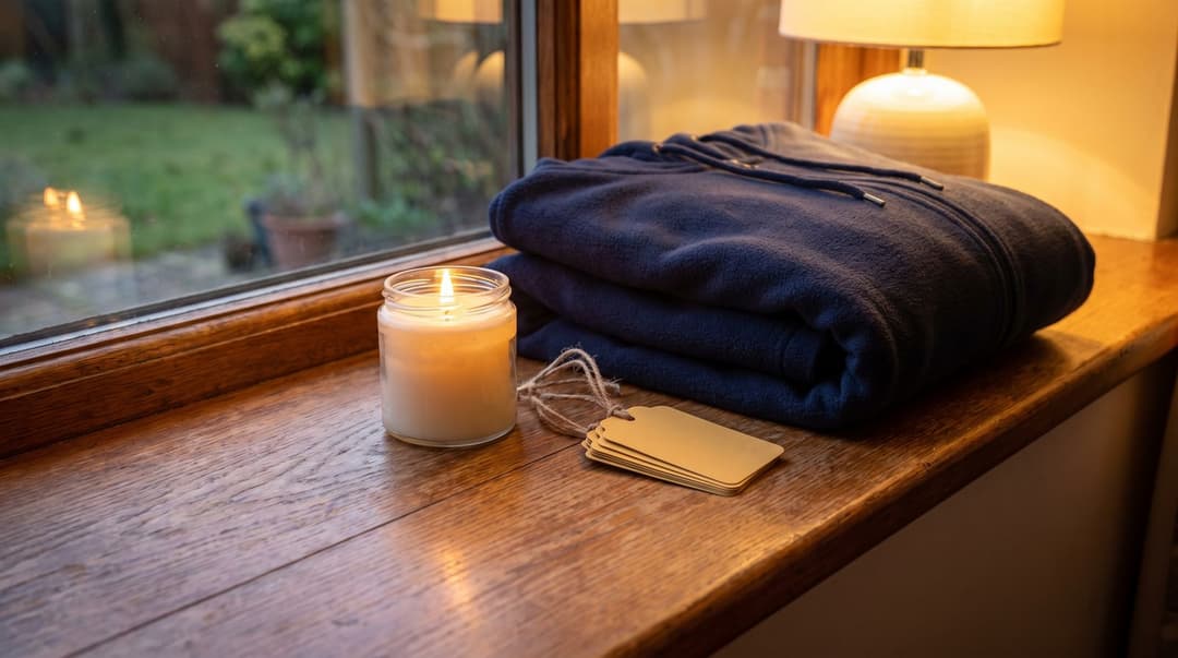 A folded fleece hoodie sits on a wooden windowsill next to a lit candle and gift tags, bathed in warm, early morning light.