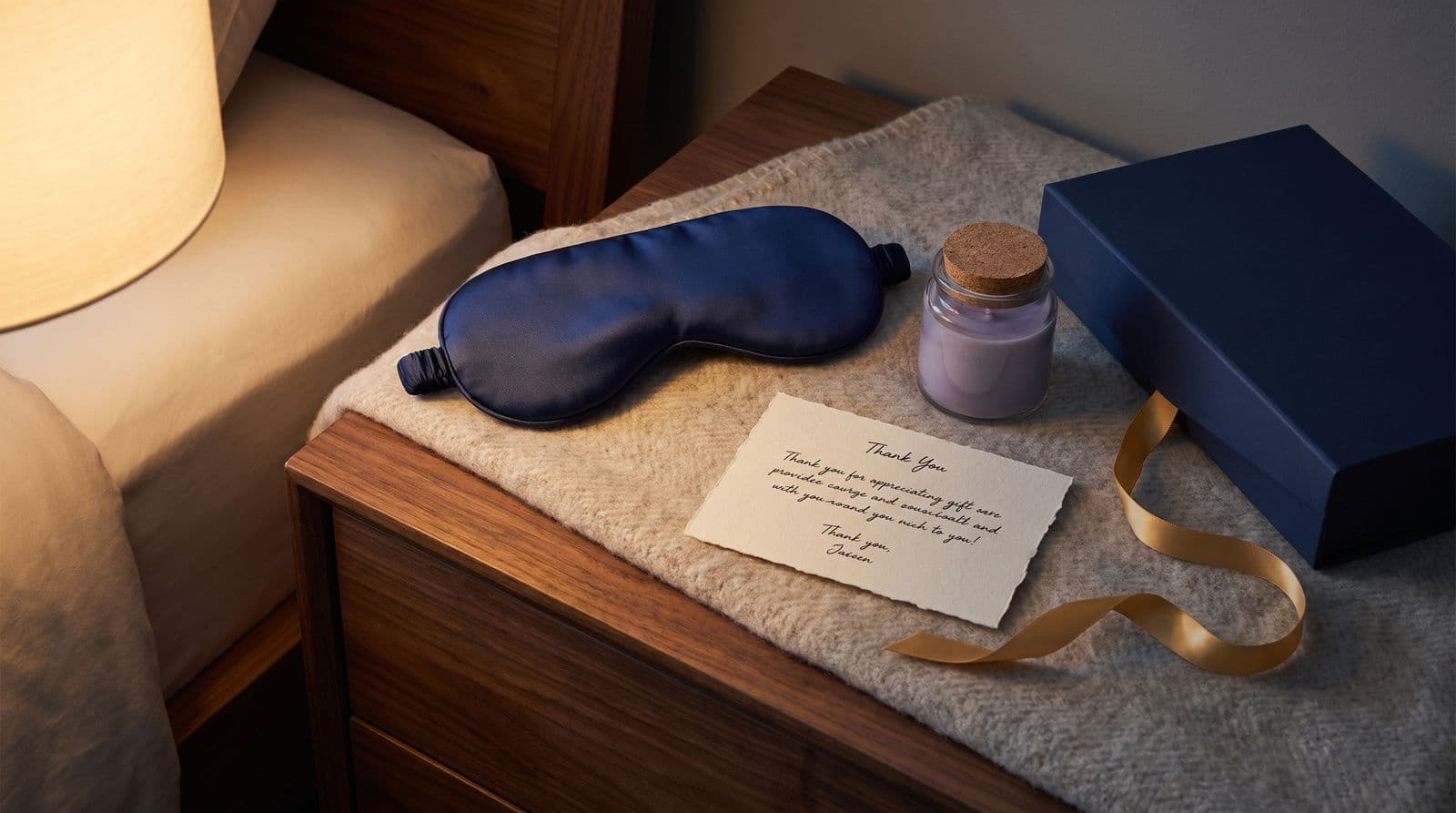 A thoughtful employee appreciation gift set including a silk eye mask, a lavender candle, and a thank you card arranged on a cozy bedside table.