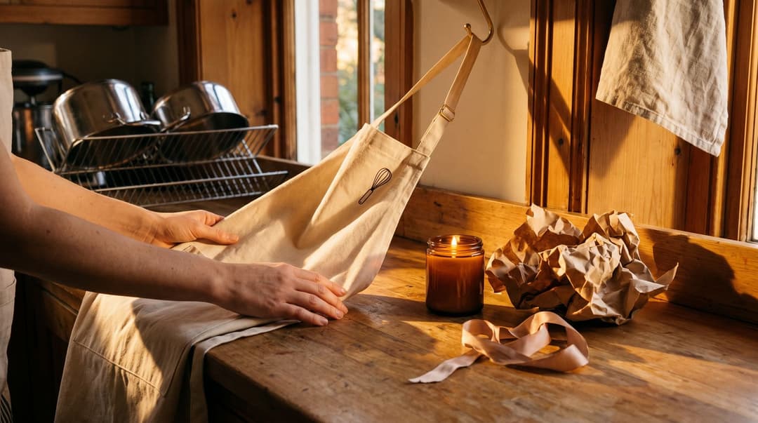 Hands smoothing a natural canvas apron with a small embroidered whisk, hanging from a brass hook in a sunlit kitchen, a lit candle in an amber jar, crumpled kraft wrapping and a ribbon on the counter, pans drying on the rack behind.
