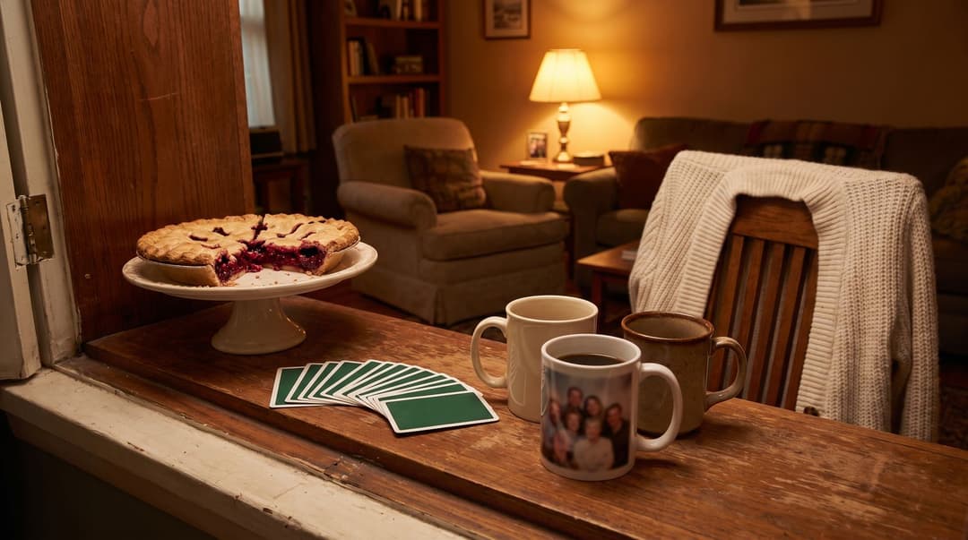 A sideboard in lamp light after dinner: a berry pie with two slices gone on a white cake stand, a fan of green-backed cards, and three mugs of coffee, one printed with a photo of a group of friends, a cardigan over the chair behind.