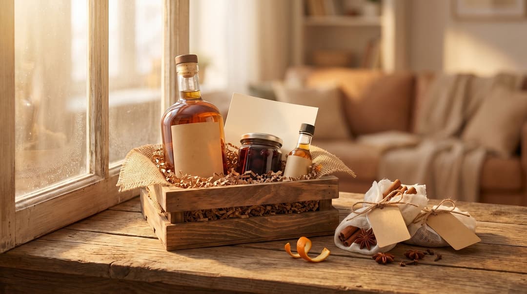A small wooden crate by a sunny window holding a bottle of bourbon with a blank label, a jar of dark cherries, a tiny bottle of bitters and a blank recipe card in shredded paper, with two cheesecloth bundles of cinnamon and star anise tied with kraft tags and a curl of orange peel beside it.