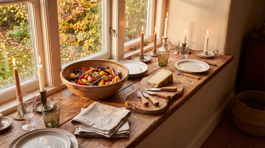 A long wooden table by a window in autumn light: a glazed ceramic bowl of roasted vegetables, a wedge of cheese on a board with four wooden-handled cheese knives, a stack of linen napkins embroidered with the letter M, candles and mismatched glasses.