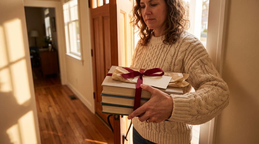 A woman in a cream knit sweater holds a stack of gift-wrapped books tied with a red ribbon in the entryway of a home.