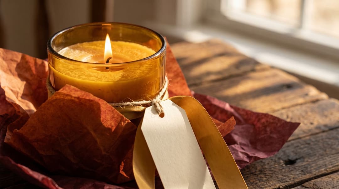 A close-up view of an artisan candle and a blank gift tag resting on a rustic wooden table surrounded by elegant gift wrapping materials.
