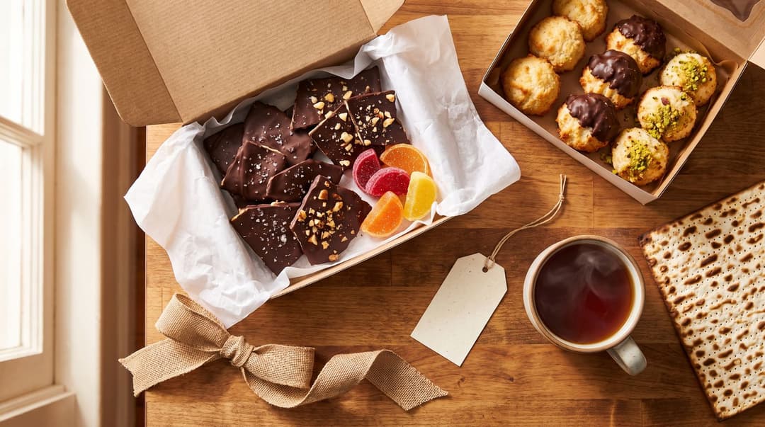 An open gift box of chocolate-covered matzo and fruit jellies next to a bakery box of coconut macaroons, some chocolate-dipped and some with pistachio, with a burlap bow, a blank gift tag, a cup of tea and a sheet of matzo on a wooden counter.