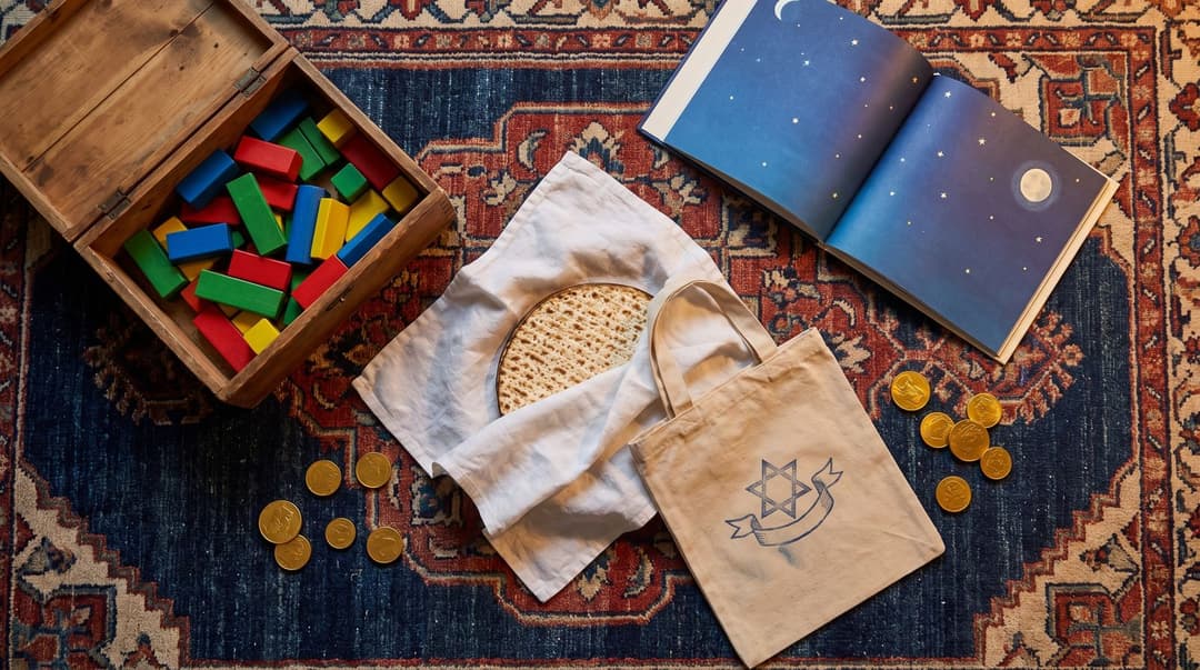 An overhead view of afikomen prizes on a patterned rug: a round matzo half unwrapped from a white napkin, a canvas tote printed with a Star of David and ribbon, an open wooden box of coloured wooden blocks, a picture book open at a starry night sky, and gold-foil chocolate coins.