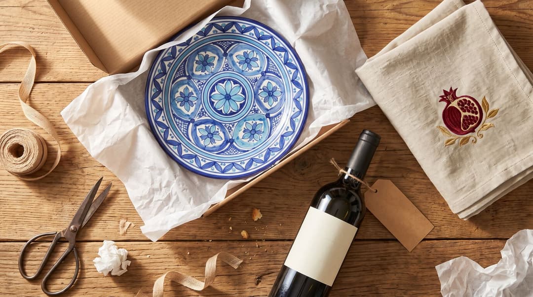 A blue-and-white hand-painted ceramic plate in tissue paper in its gift box, a folded linen matzo cover embroidered with a red pomegranate, and a bottle of red wine with a blank label and a kraft gift tag, with scissors and ribbon on a wooden table.