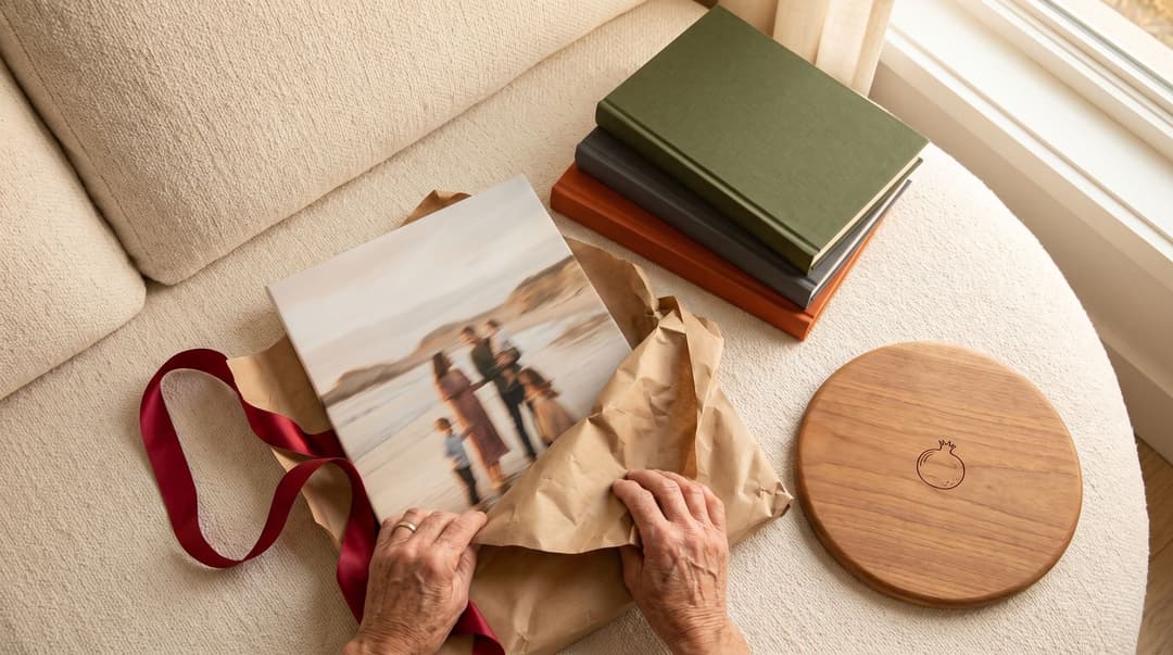 An older person's hands lifting a canvas print of a family on a beach out of kraft wrapping on a sofa, with three plain cloth-bound books stacked beside it and a round wooden board engraved with a small pomegranate.