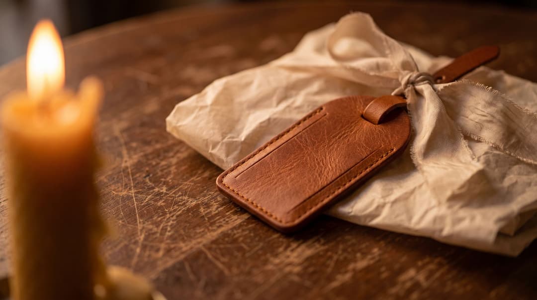 A close-up view of a cognac leather luggage tag resting on textured tissue paper and a wooden table, accompanied by a silk ribbon and the soft glow of a candle.