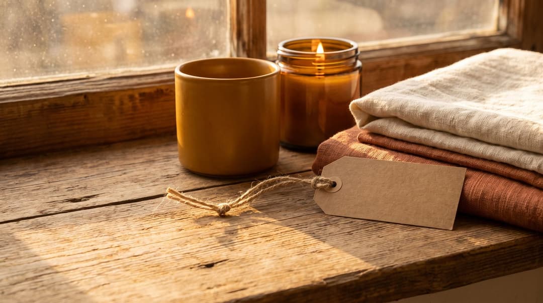 A ceramic mug and a lit candle sit on a sunlit wooden windowsill, accompanied by soft textiles and a gift tag, creating a cozy and relaxing atmosphere for a sabbatical.